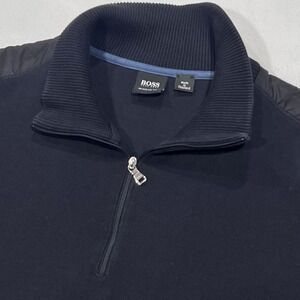 Hugo Boss Men‎ Dark Blue 1/4 Zip Pullover Long Sleeve Sweater Pockets Size 2XL